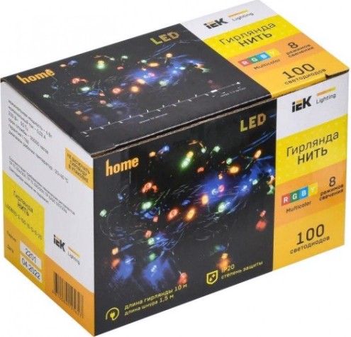 Гирлянда IEK LIGHTING нить 10м, 100 светодиодовRGB IP20, контроллер 8 сцен [LGDB110-3-100-10-G-S-20]