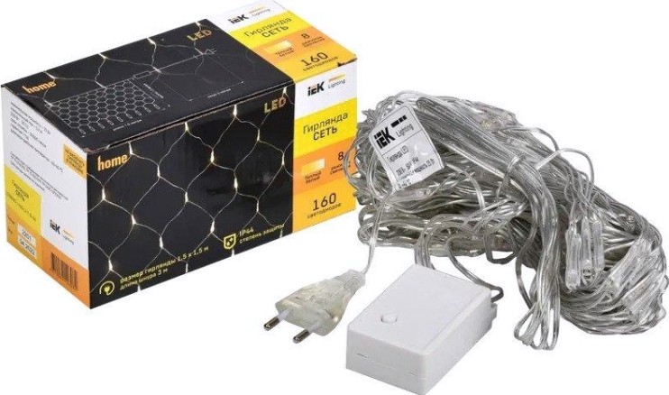 Гирлянда IEK LIGHTING сеть 1,5х1,5м 160 светодиод теплый белый свет IP20, контр/8 сцен [LGDB410-1-160-L1-T-S-44]