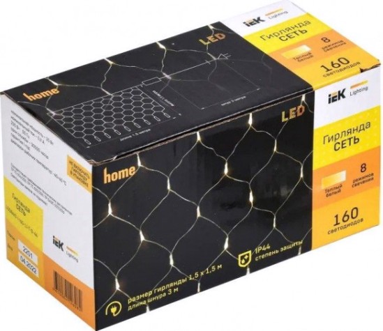 Гирлянда IEK LIGHTING сеть 1,5х1,5м 160 светодиод теплый белый свет IP20, контр/8 сцен [LGDB410-1-160-L1-T-S-44]