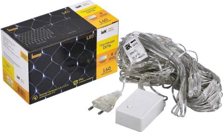 Гирлянда IEK LIGHTING сеть 1,5х1,5м 160 светодиодов белый свет IP20, контрол/8 сцен [LGDB410-2-160-L1-T-S-44]