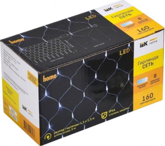 Гирлянда IEK LIGHTING сеть 1,5х1,5м 160 светодиодов белый свет IP20, контрол/8 сцен [LGDB410-2-160-L1-T-S-44]