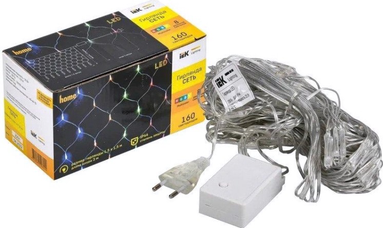 Гирлянда IEK LIGHTING сеть 1,5х1,5м 160 светодиодов RGB IP20, контроллер 8 сцен [LGDB410-3-160-L1-T-S-44]