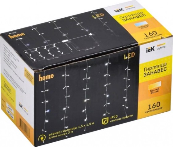 Гирлянда IEK LIGHTING занавес 1,5х1,5м, 160 светодиодов, теплый белый свет IP20 [LGDB201-1-160-L1-T-S-20]