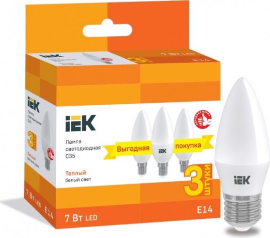 Лампа светодиодная IEK C35 7вт 3000к Е14 свеча (уп.3шт) [LLE-C35-07-230-30-E14-3]