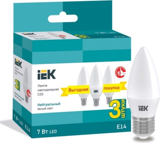 Лампа светодиодная IEK C35 7вт 4000к Е14 свеча (уп.3шт) [LLE-C35-07-230-40-E14-3]