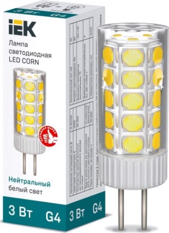 Лампа светодиодная IEK Corn 3Вт капсульная 4000к g4 керамика [LLE-CORN-3-012-40-G4]