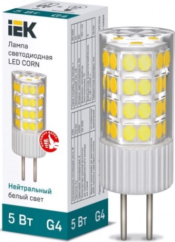 Лампа светодиодная IEK Corn 5Вт капсульная 4000к g4 керамика [LLE-CORN-5-230-40-G4]