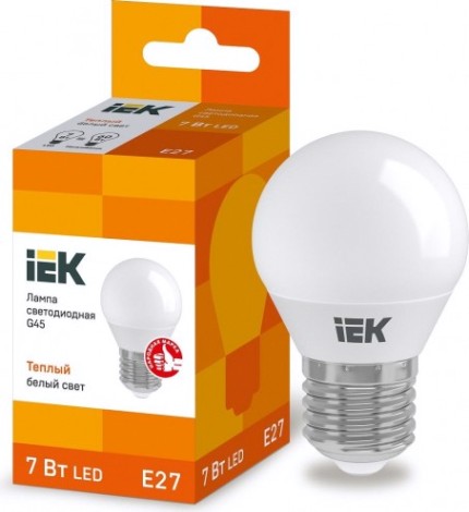 Лампа светодиодная IEK G45 7Вт 3000К Е27 Шар [LLE-G45-7-230-30-E27]