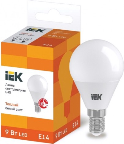 Лампа светодиодная IEK G45 9Вт 3000К Е14 Шар [LLE-G45-9-230-30-E14]
