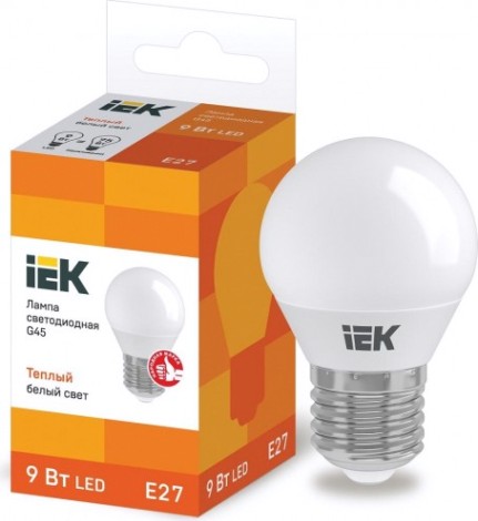 Лампа светодиодная IEK G45 9Вт 3000К Е27 Шар [LLE-G45-9-230-30-E27]