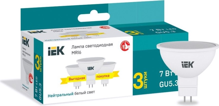 Лампа светодиодная IEK MR16 7вт софит 4000к gu5.3 230в (уп.3шт) [LLE-MR16-07-230-40-GU5-3]