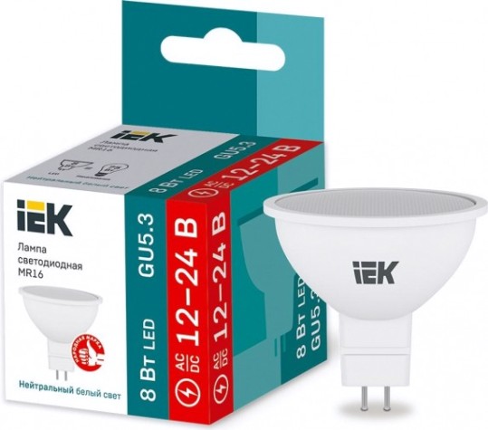 Лампа светодиодная IEK MR16 8Вт 12-24В 4000К GU5,3 софит [LLE-MR16-08-12-24-40-GU5]