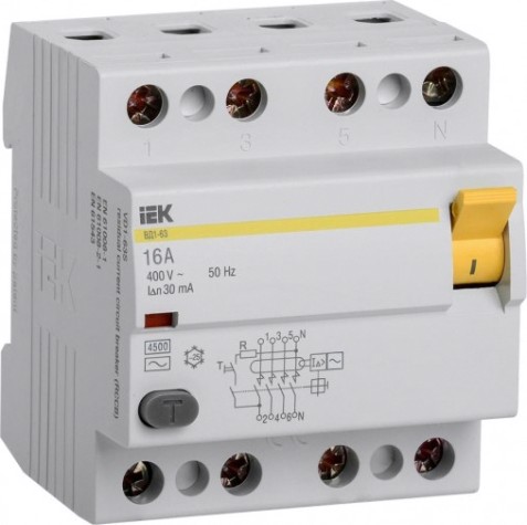 Выключатель дифференциальный (УЗО) IEK ВД1-63 4п 16а 30ма тип ac [MDV10-4-016-030]
