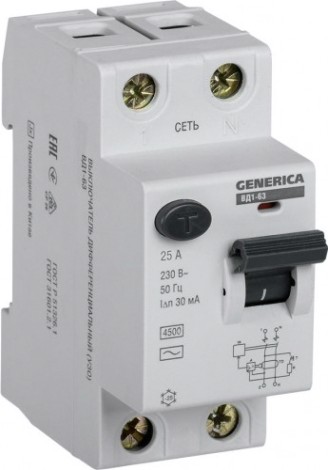 Выключатель дифференциальный (УЗО) IEK ВД1-63 GENERICA 2п 25а 30ма тип ac [MDV15-2-025-030]
